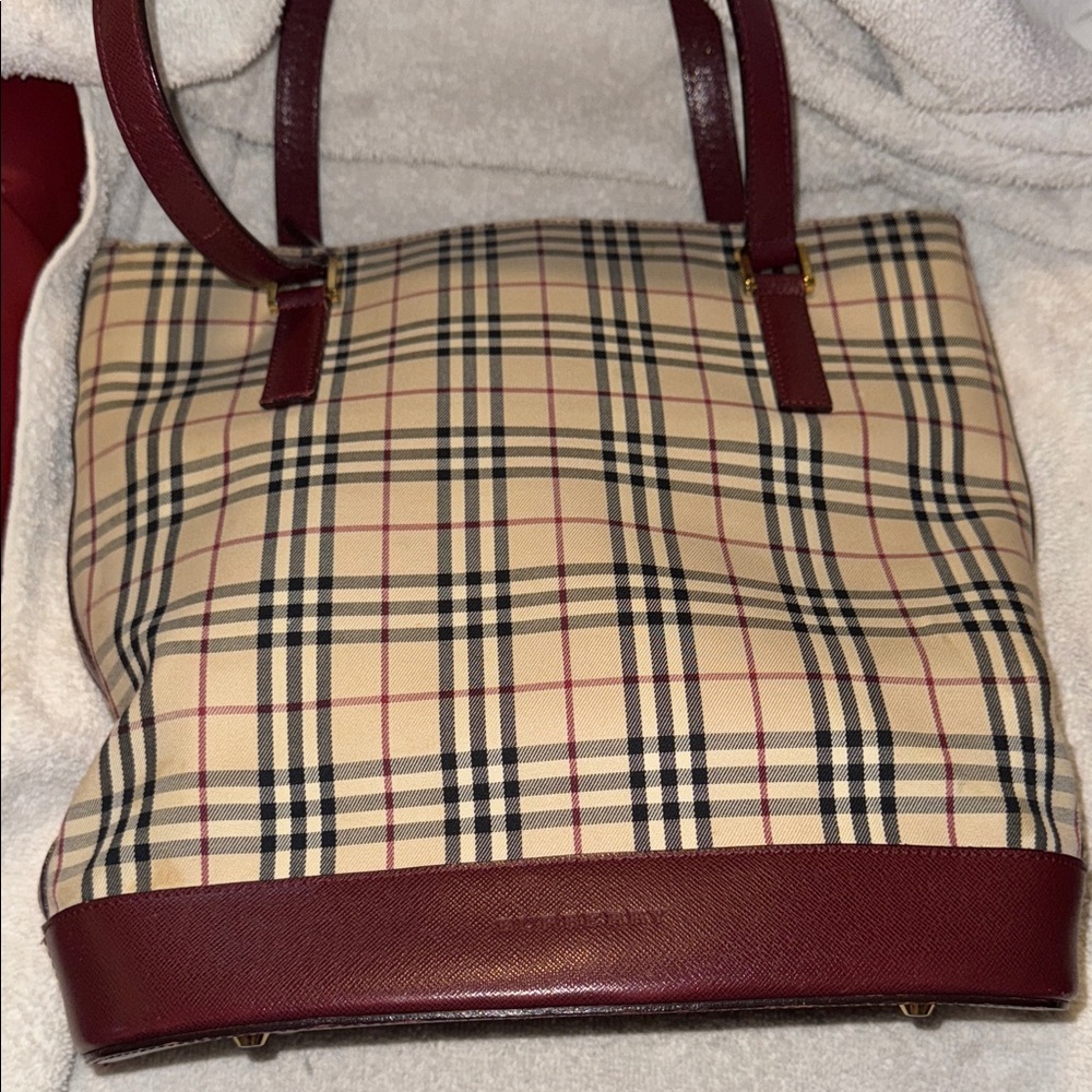 Burberry Plaid Tote Bag with Burgundy & Gold Tone Accents